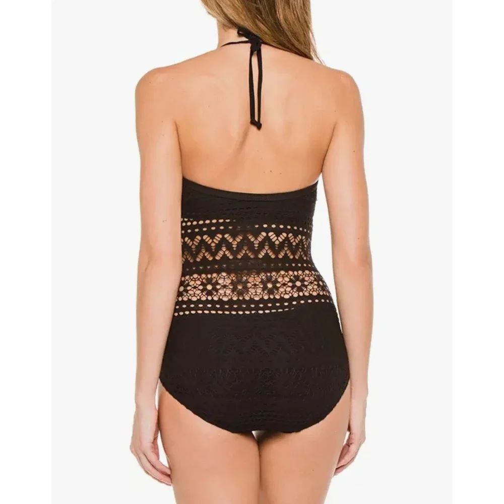 Robin‎ Piccone One-Piece Swimsuit Women's 12 Black Penelope Crochet Overlay